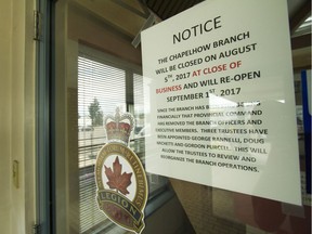 A sign reads the Chapelhow Branch will be closed at the end of the day, August 5 until September 1, at the Royal Canadian Legion Branch 284 at 606 38 Avenue NE on Friday, August 4, 2017 in Calgary, Alta. Britton Ledingham/Postmedia Network