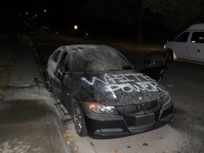 This vehicle was vandalized and set on fire in northeast Calgary's Pineridge neighbourhood.
