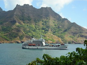 Aranui 5 is half freighter ship and half passenger cruise ship and even though it looks a little odd on the outside, the passenger cabins and common areas are very nice, food is excellent and the Polynesian crew work to immerse you in the culture the moment you step onboard.  Courtesy, Greg Olsen