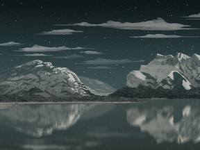 Visitors will get off a bus at Lake Minnewanka and be handed a backpack, flashlight, map and other items that will help them navigate through interactive narratives told through sequences of sound and moving projections (a still from which is pictured).