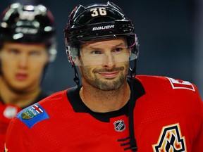 Calgary Flames forward Troy Brouwer looks on during the pre-game skate before facing the Edmonton Oilers in NHL pre-season hockey at the Scotiabank Saddledome in Calgary on Monday, September 18, 2017. Al Charest/Postmedia