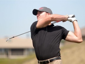 Jesse Galvon, of Inglewood Golf and Country Club, plays hole 18 of the first round of the 2014 Sun Life Financial Alberta Men's Amateur Championship at Desert Blume Golf Club in Medicine Hat, Alberta Tuesday, July 15, 2014.