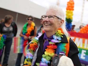 2017 Calgary Pride Parade marshal Lois Szabo smiles at the start of the parade on Sunday September 3, 2017.