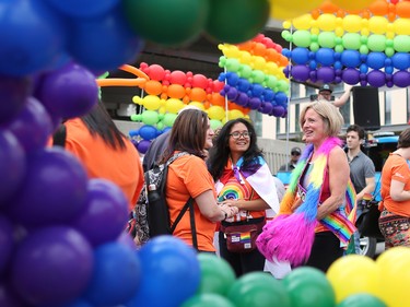 Alberta Premier Rachel Notley talks with supporters before  the Calgary Pride Parade on Sunday September 3, 2017.