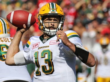 Edmonton Eskimos quarterback Mike Reilly lines up to throw a pass during the second half of the Labour Day Classic at McMahon Stadium, Monday September 4, 2017. The Stamps won 39-18.