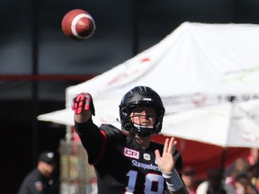 Calgary Stampeders quarterback Bo Levi Mitchell throws a pass during the second half of the Labour Day Classic at McMahon Stadium, Monday September 4, 2017. The Stamps won 39-18.