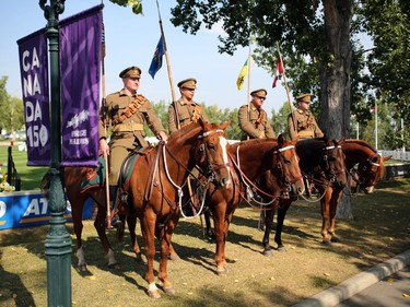 Riders in the Lord Strathcona's Horse Royal Canadians wear World War I style uniforms at Spruce Meadows on Tuesday September 5, 2017. Competition in the Spruce Meadows Masters begins Wednesday.