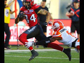 The Calgary Stampeders' Reggie Begelton scores a touchdown against the BC Lions during CFL action at McMahon Stadium in Calgary on Saturday September 16, 2017.