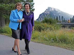 Lieutenant Governor of Alberta Lois E. Mitchell, left and Secretary-General of the Commonwealth, Patricia Scotland walk along one the Commonwealth Walkway routes following the grand opening in Banff on Sunday September 17, 2017.  Gavin Young/Postmedia