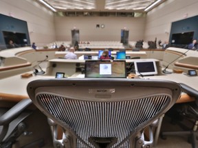 The mayor's chair sits empty as do other council chairs as the city moves into the 2017 municipal election following nomination day, September 18, 2017.