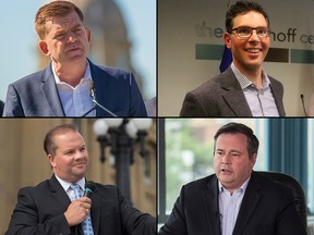 There are four contenders for the leadership of the United Conservative Party. Clockwise from upper left: Brian Jean, Doug Schweitzer, Jason Kenney and Jeff Callaway.