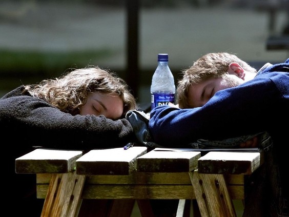 Two people sleeping on a picnic table