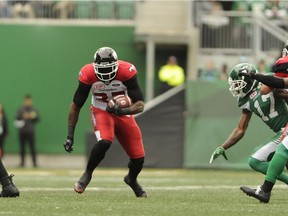 Calgary Stampeders running back Jerome Messam finds a seam during first half CFL against the Saskatchewan Roughriders action at Mosaic Stadium in Regina on Sunday, September 24, 2017. THE CANADIAN PRESS/Mark Taylor ORG XMIT: MT111
Mark Taylor,