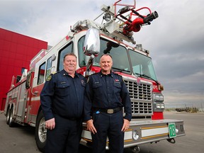 Deputy Fire Chief Allan Ball, left and Fire District Chief Jeff Primrose spoke about their experiences leading Calgary firefighters as they protected buildings in Waterton.