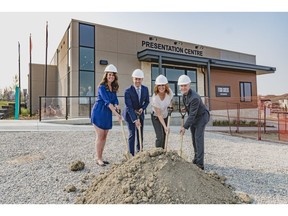 Fish Creek Exchanges sales manager Kaleigh Kelly, Patrick Briscoe with Graywood Developments, Calgary Coun. Diane Colley-Urquhart, Stephen Price of Graywood Developments, during a shovel turn ceremony for the start of construction at Fish Creek Exchange.