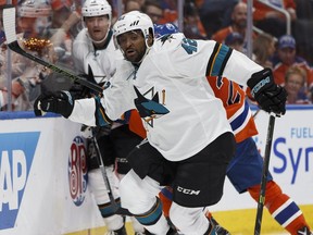 San Jose Sharks forward Joel Ward chases the puck in the first round of the playoffs against the Edmonton Oilers on April 12.