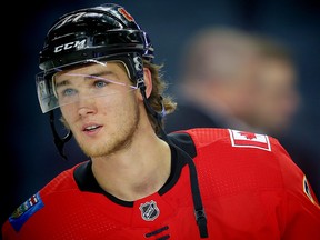 Calgary Flames Mark Jankowski during the pre-game skate before facing the Edmonton Oilers in NHL pre-season hockey at the Scotiabank Saddledome in Calgary on Monday, September 18, 2017.