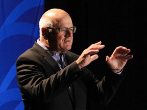 Calgary Flames president Ken King speaks at a Calgary Chamber of Commerce luncheon on Sept. 25, 2017.