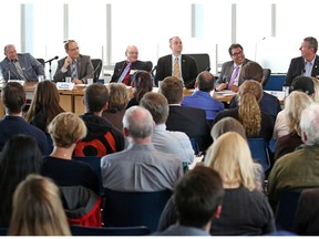 Several of the candidates for mayor of Calgary participate in a mayoral forum at Mount Royal University on Tuesday, Sept. 19, 2017. From left are; Andre Chabot, Dr. Emile Gabriel, Larry Heather, David Lapp, Naheed Nenshi and Bill Smith. (Gavin Young/Postmedia)