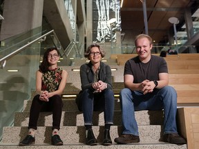 Dr. Marjan Eggermont with engineering students Chevy O'Dell, left, and Anthony Demong at the University of Calgary.