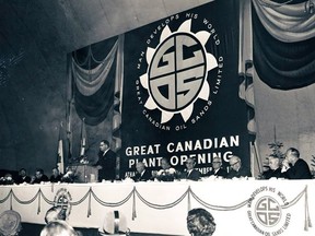 The Great Canadian Oil Sands project started out with grand speeches predicting incredible wealth from unlocking Canada's massive oilsands resource, delivered to a crowd of about 600 VIPs on a cold and overcast September day in 1967. Officials with the Great Canadian Oil Sands project speak to attendees at the official opening in this Sept. 30, 1967 photo.