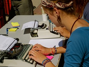 Poets Richard Harrison and Beth Everest will be at manual typewriters, ready to create poems on the spot at Saturday's People's Poetry Festival.