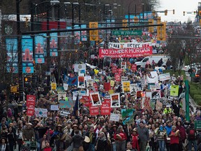 Thousands of people march during a protest against the Kinder Morgan Trans Mountain Pipeline expansion, in Vancouver, B.C., on Nov. 19, 2016.