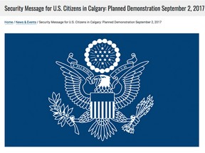 An image from the U.S. Consulate in Calgary website showing a "security message' about planned protests in downtown Calgary.