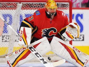 Calgary Flames  goaltender David Rittich during the pre-game skate before facing the Arizona Coyotes in NHL pre-season hockey at the Scotiabank Saddledome in Calgary on Friday, September 22, 2017. Al Charest/Postmedia