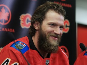 New Calgary Flames goaltender Mike Smith talks with the media at the Scotiabank Saddledome in Calgary on Monday June 26, 2017.  Gavin Young/Postmedia Network