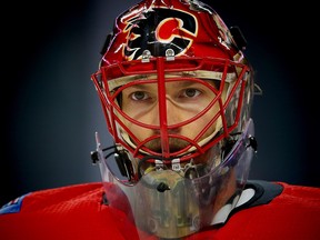 Calgary Flames goaltender Mike Smith during the pre-game skate before facing the Edmonton Oilers in NHL pre-season hockey at the Scotiabank Saddledome in Calgary on Monday, September 18, 2017. Al Charest/Postmedia