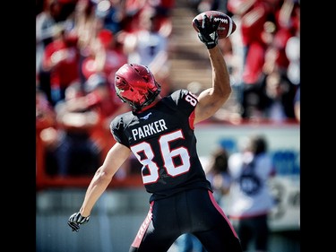 Calgary Stampeders Anthony Parker celebrate after a touchdown against the Edmonton Eskimos during CFL football on Monday, September 4, 2017. Al Charest/Postmedia