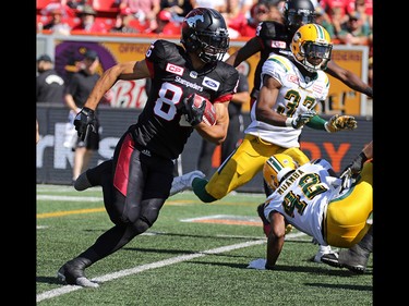 Calgary Stampeders receiver Anthony Parker runs the ball against the Edmonton Eskimos during the first half of the Labour Day Classic at McMahon Stadium, Monday September 4, 2017. Gavin Young/Postmedia