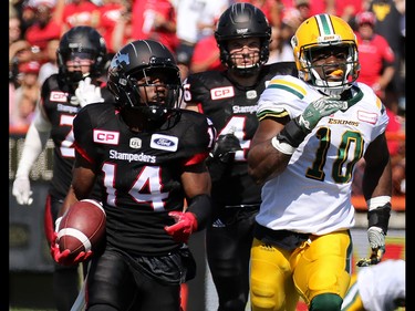 Calgary Stampeders running back Roy Finch runs an Edmonton Eskimos kick return in for a touch down during the first half of the Labour Day Classic at McMahon Stadium, Monday September 4, 2017. Gavin Young/Postmedia
