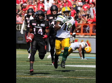 Calgary Stampeders running back Roy Finch runs an Edmonton Eskimos kick return in for a touch down during the first half of the Labour Day Classic at McMahon Stadium, Monday September 4, 2017. Gavin Young/Postmedia
