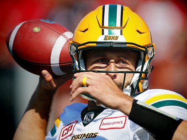 Edmonton Eskimos quarterback Mike Reilly against the Calgary Stampeders during CFL football on Monday, September 4, 2017.