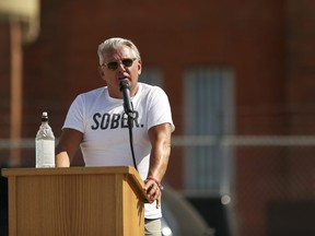 Keynote speeker Bob Marier addresses the crowd of about 200 people taking in the Recovery Day Rally for Recovery, with 34 vendors representing frontline addiction treatment centres at Shaw Millenium Park on Sunday, September 10, 2017 in Calgary, Alta. The afternoon event included a keynote speech from Marier, late Toronto mayor Rob Fords former sobriety coach, Blackfoot dancing, and a free concert from rock band Econoline Crush. Britton Ledingham/Postmedia Network