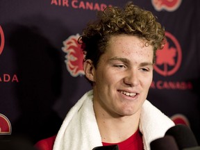 Calgary Flames Matthew Tkachuk speaks to reporters during opening day of NHL training camp in Calgary on Thursday September 14, 2017. Leah Hennel/Postmedia