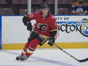 PENTICTON,BC:SEPTEMBER 8, 2017 -- Calgary Flames Juuso Valimaki skates during the pregame warmup prior to the start of NHL preseason hockey action against the Edmonton Oilers at the Young Stars Classic held at the South Okanagan Events Centre in Penticton, BC, September, 8, 2017. (Richard Lam/PNG) (For ) 00050534A
