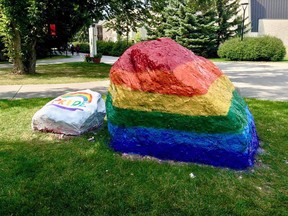 The University of Calgary campus fixture known as The Rock was recently painted to celebrate Pride. It was vandalized sometime ahead of the Pride Parade on Sunday, Sept. 3, 2017, and has since been repainted to celebrate a the new school year.