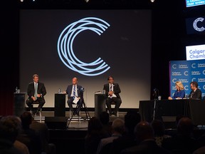 Mayoral Candidates Bill Smith (l) and Andre Chabot (c) and Naheed Nenshi during a municipal election townhall held by the Calgary Chamber of Commerce