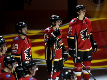 Calgary Flames get ready for their home opener against the Winnipeg Jets in NHL hockey action at the Scotiabank Saddledome in Calgary on Saturday October 7, 2017. Leah Hennel/Postmedia