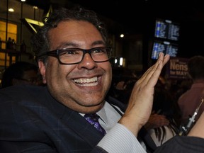 Mayor Naheed Nenshi celebrates his victory late last Monday night.