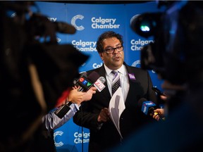 Incumbent Naheed Nenshi responds to questions after the Monday, Oct. 2, mayoral debate organized by the Calgary Chamber of Commerce.