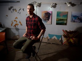 Visual artist Curtis Van Charles Sorensen poses for a portrait at his home studio in Calgary on Thursday November 2, 2017. Leah Hennel/Postmedia