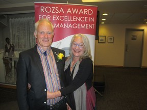 Cal1028 Rozsa 1 Pictured with reason to smile at the 2017 Rozsa Award for Excellence in Arts Management  is award recipient David Chantler, founder and producing director of Trickster Theatre. Founded in 1980 by Chantler, Trickster Theatre is a company of physical theatre focused on the use of theatre and arts in educational programs. Joining Chantler is his proud wife Sheryl/
Bill Brooks, Bill Brooks