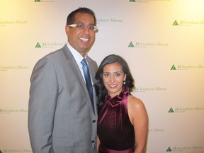 For the first time in its 14-year history, JA Southern Alberta presented a Alumni of Influence Award at this year's 2017 Calgary Business Hall of Fame Gala Dinner and Induction Ceremony held Oct 26 at the Hyatt Regency. Pictured is award recipient Manjit Minhas of Minas Breweries and Dragon's Den fame with her husband Hervey Shergill. Photo, Bill Brooks