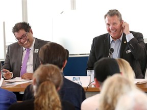 Mayoral candidates Naheed Nenshi, and Bill Smith share a laugh while participating in a mayoral forum at Mount Royal University on Tuesday September 19, 2017.