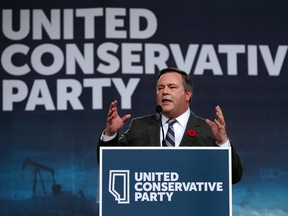 Jason Kenney speaks to party members after being elected leader of the United Conservative Party on Oct. 28, 2017.