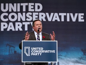 Jason Kenney speaks to party members after being elected leader of the United Conservative Party. The leadership race winner was announced at the BMO Centre in Calgary on Saturday October 28, 2017.